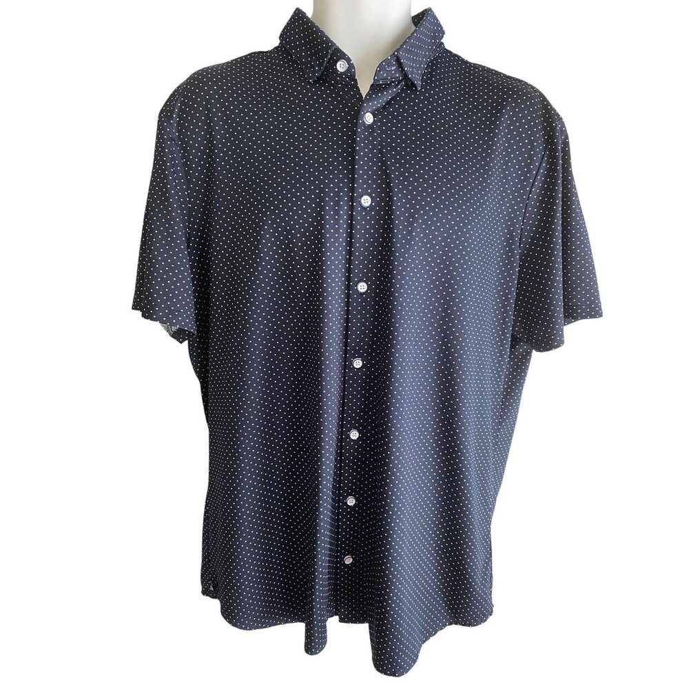 Mizzen+Main Shirt Mens XL Blue Polka Dot Trim Fit Stretch Short Sleeve